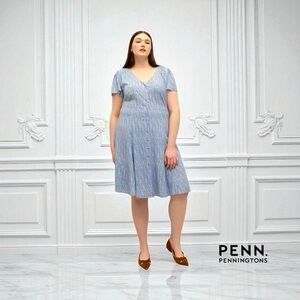 NEW, Penningtons, Printed Dress With Ruffled Sleeves, 20W, Blue, White